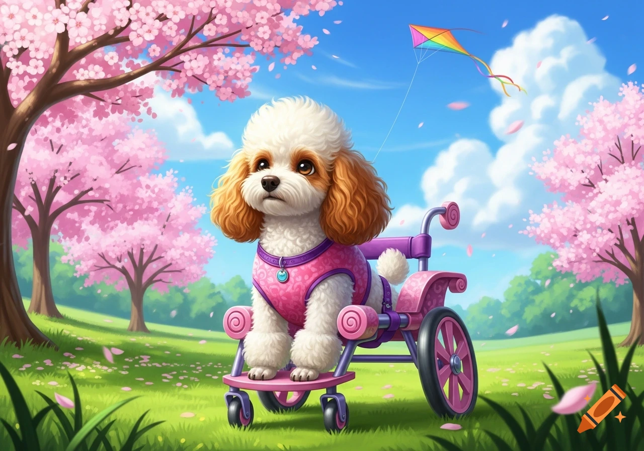 A fluffy white and brown poodle in a pink wheelchair sits in a vibrant field under cherry blossom trees with a colorful kite flying in the sky.