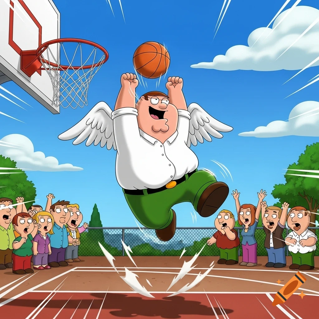 Cartoon Peter Griffin with wings slam dunks a basketball on an outdoor court as a crowd watches.