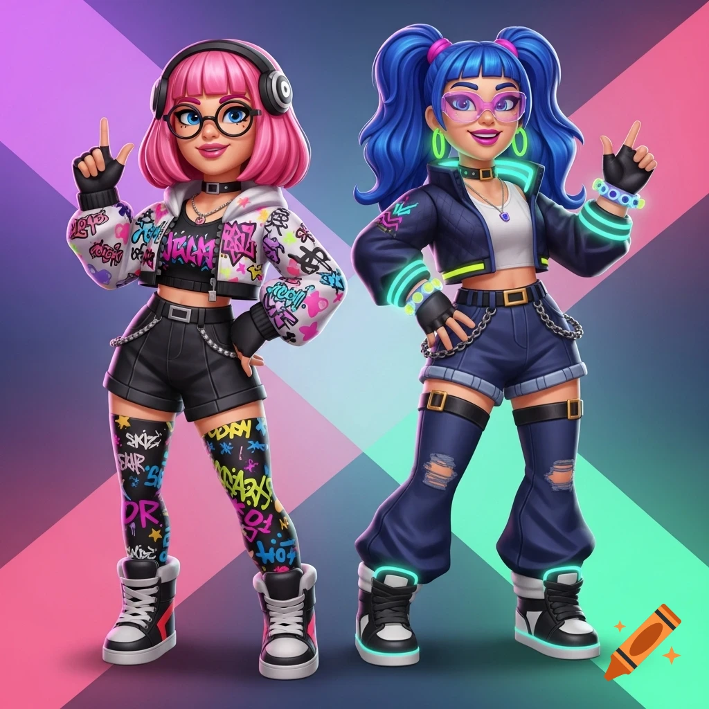 Two stylized cartoon girls with colorful hair and outfits, one pink-haired with headphones, the other blue-haired, posing against a geometric background.