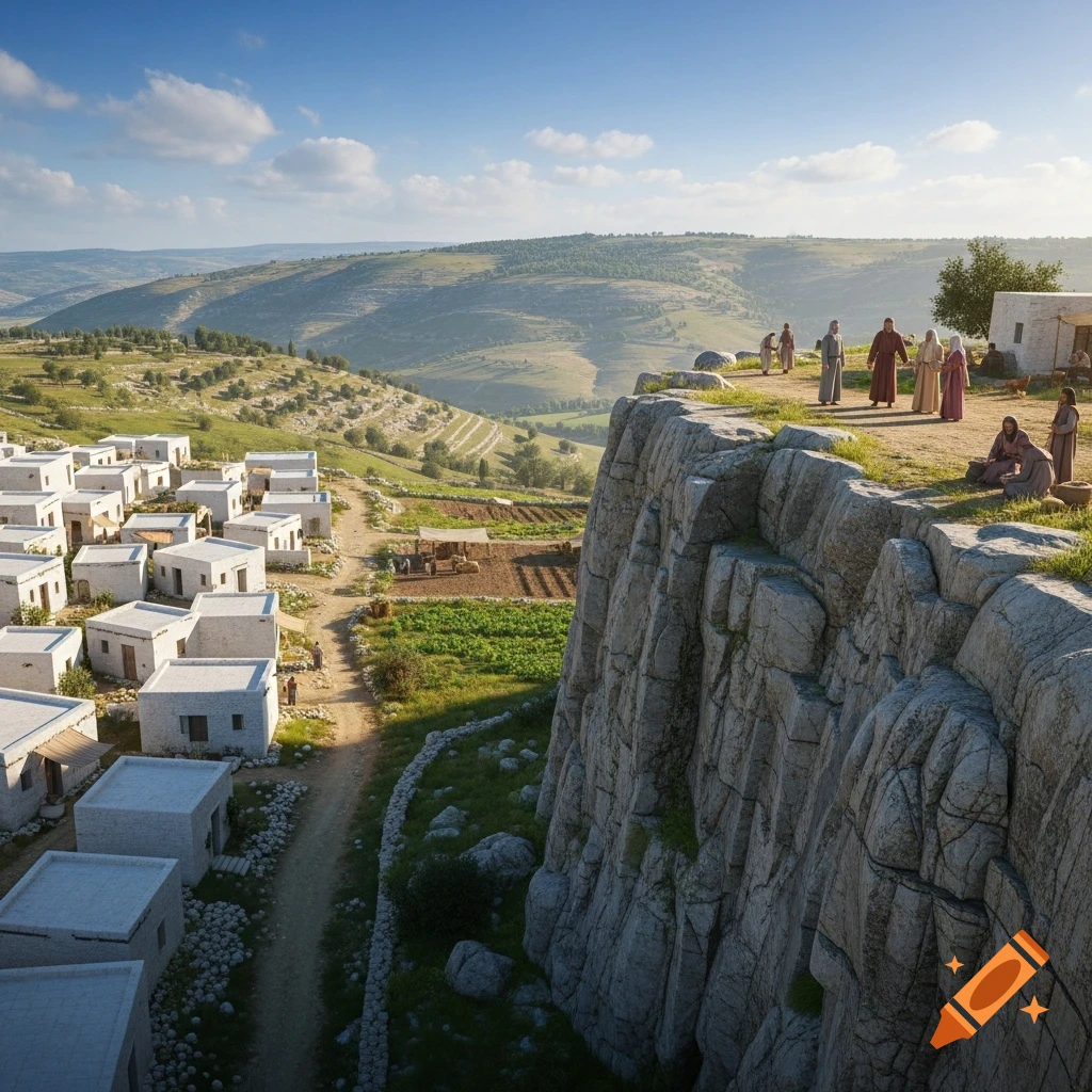 An ancient village with white houses, terraced fields, and a massive cliff with robed figures overlooking a valley under a blue sky.