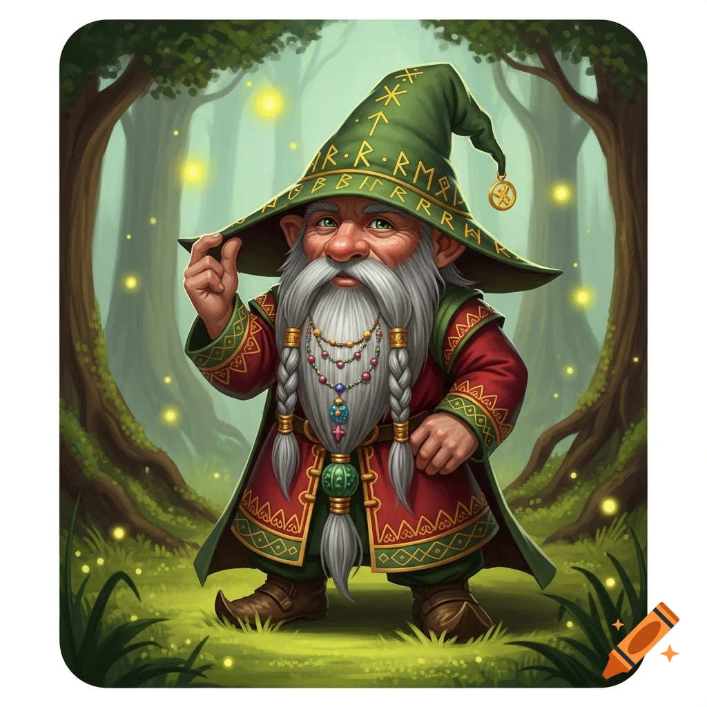 A cheerful, bearded gnome in a green pointy hat and red robe, adorned with jewelry, stands in a magical forest.