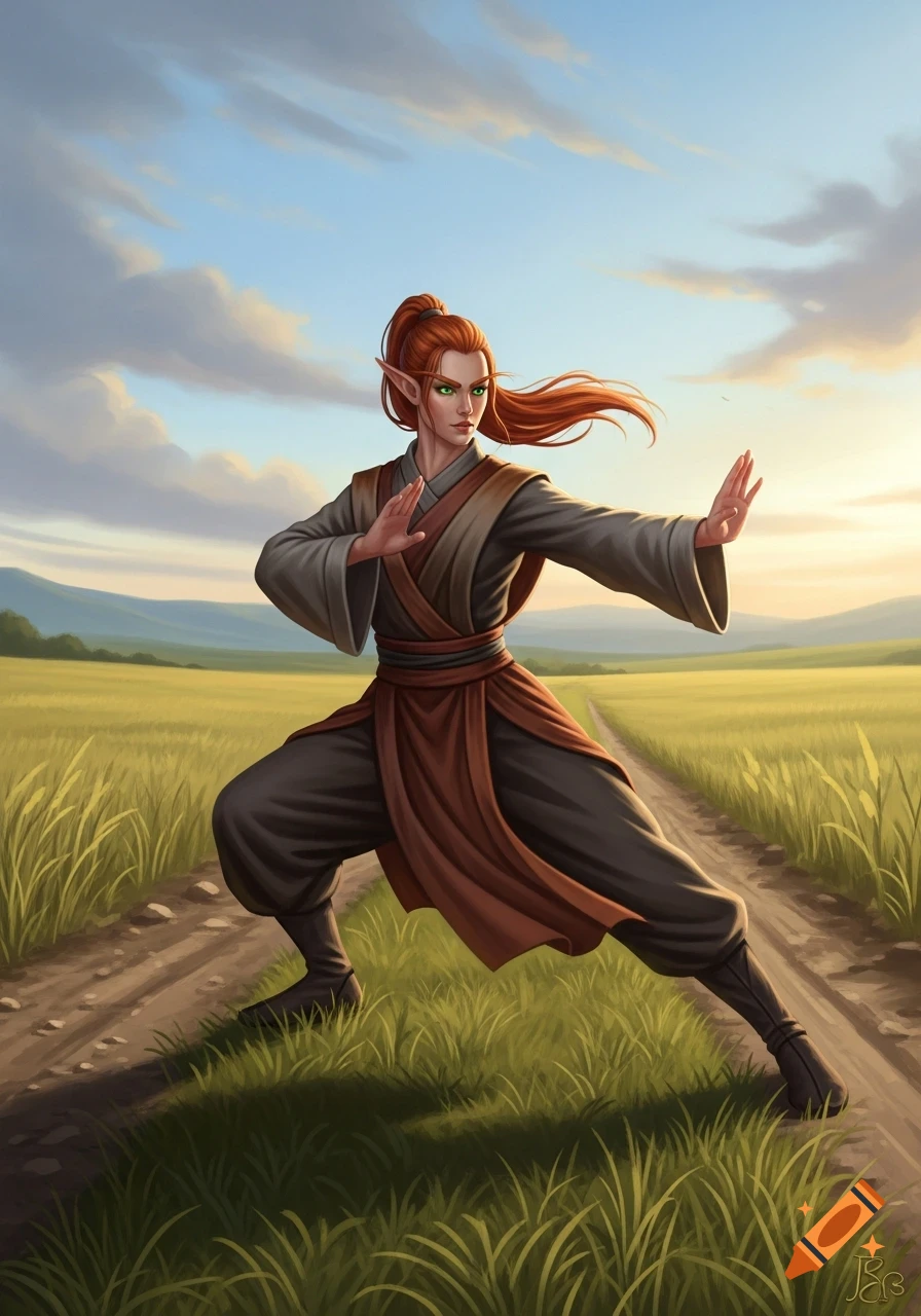 A red-haired female elf in a martial arts stance, dressed in monk robes, stands on a dirt path in a sunny field.