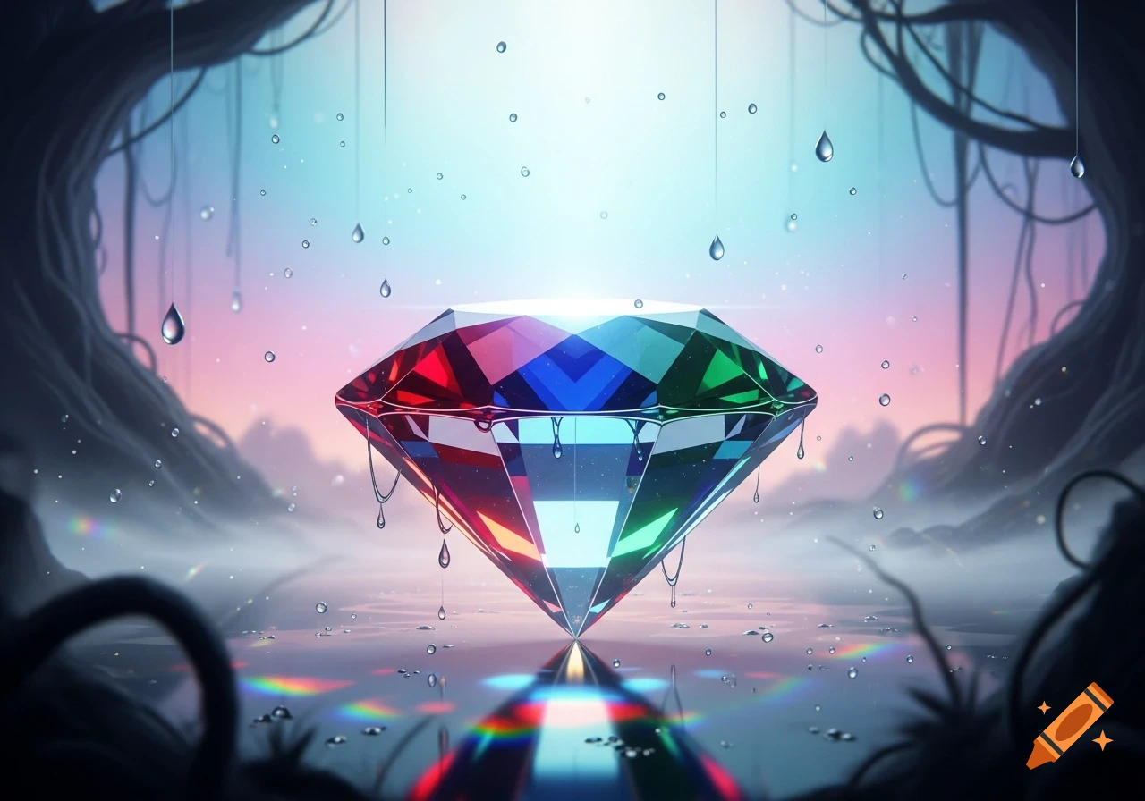 A large, faceted diamond with rainbow colors stands in a misty, ethereal forest with water droplets falling and reflecting on the wet ground.