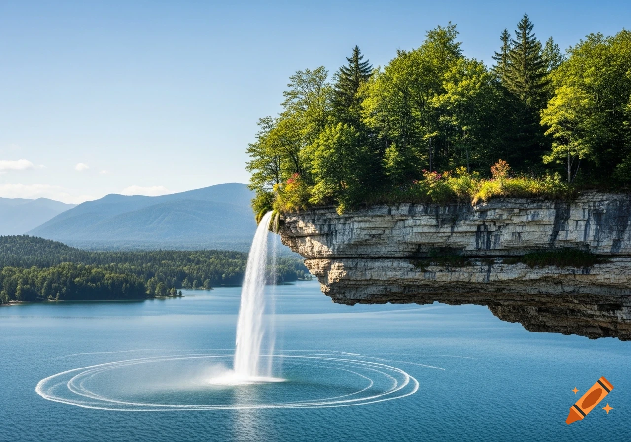 Photorealistic floating island with a waterfall plunging into a clear lake amidst forests and distant mountains on a sunny day.