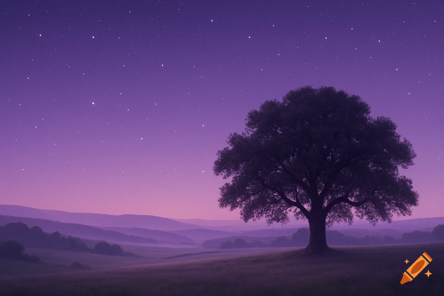 A silhouette of a large tree on a hill against a purple twilight sky filled with stars, with rolling hills in the background.