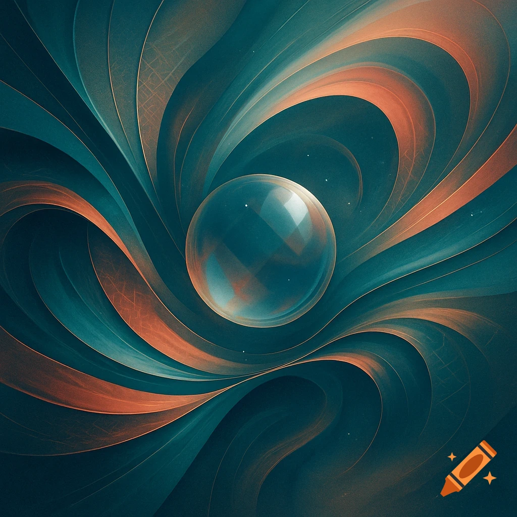 Abstract digital art featuring a translucent sphere amidst swirling teal and copper ribbons.
