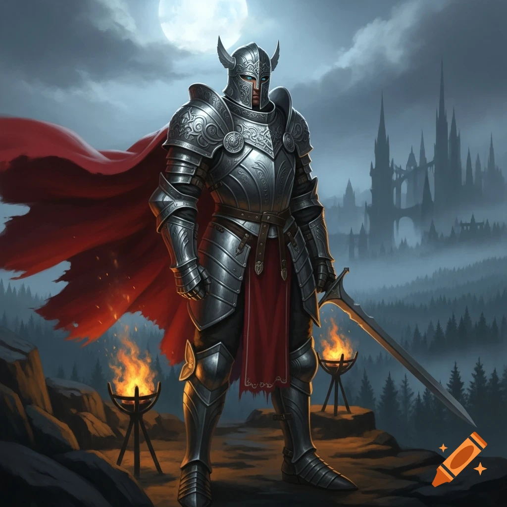 A knight in ornate silver armor and a red cape stands with a sword on a rocky outcrop with fires under a full moon, a dark castle in the misty background.