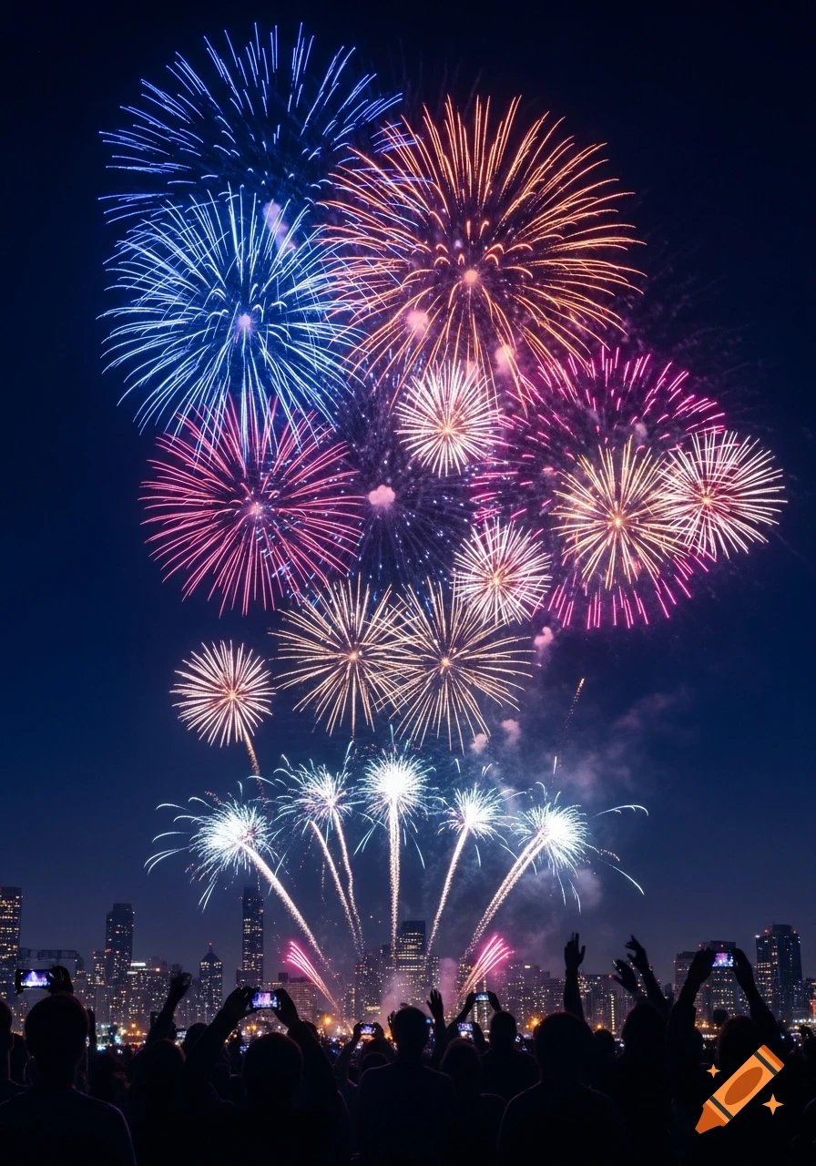 Vibrant fireworks explode over a city skyline at night, with a silhouetted crowd watching and capturing photos on their phones.