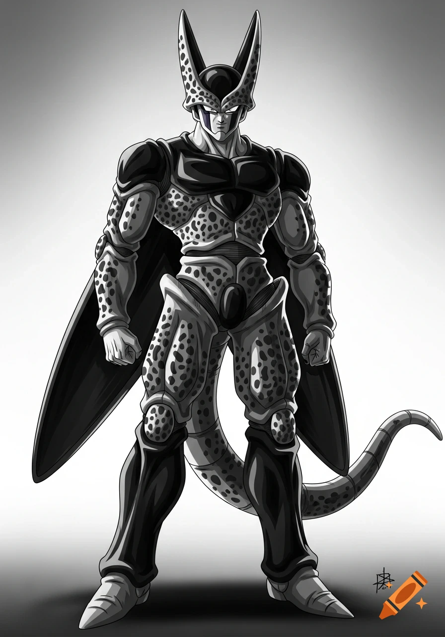 Full-body black and white illustration of Cell from Dragon Ball, a powerful insect-like alien.