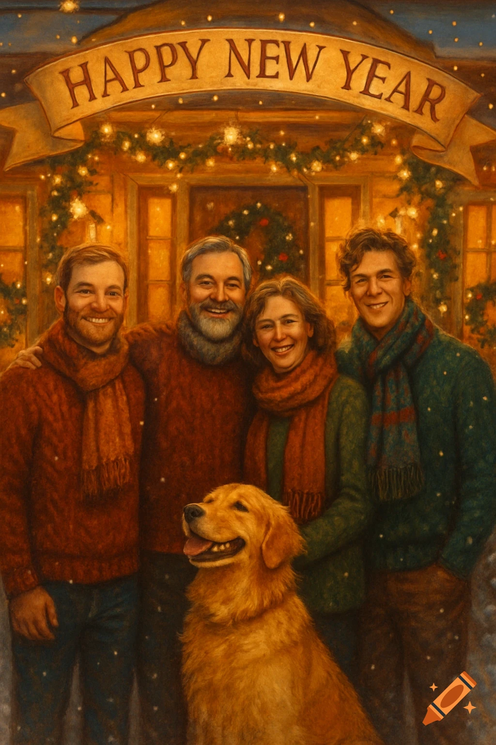 Smiling family of four with a golden retriever in a painterly style, in front of a decorated house with a "HAPPY NEW YEAR" banner.