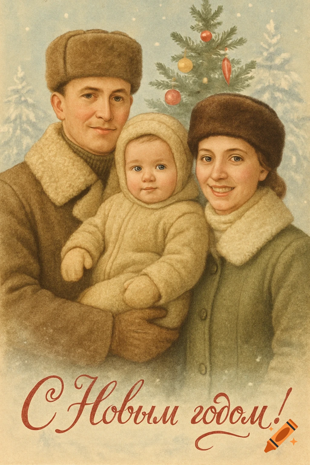 Vintage illustration of a family in winter clothes, with a baby, a Christmas tree, and 'Happy New Year!' text.