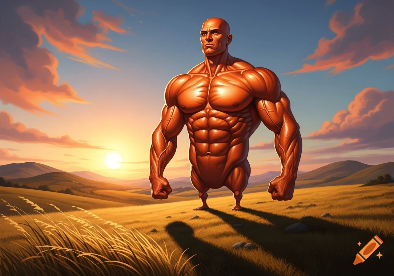 A muscular, orange-skinned man with tiny legs stands in a golden field at sunset, looking determined.
