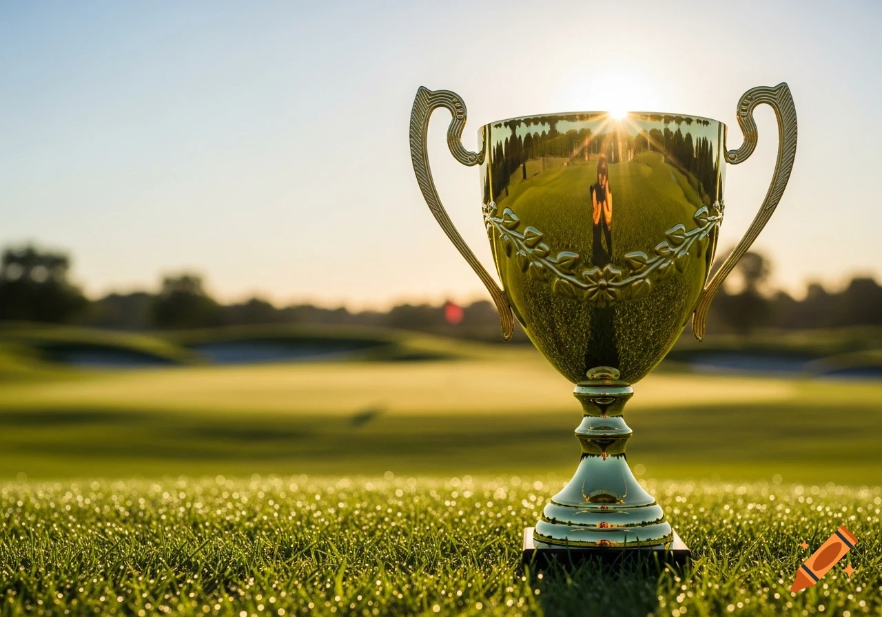 A shining gold golf trophy stands on dew-covered grass on a golf course at sunrise.