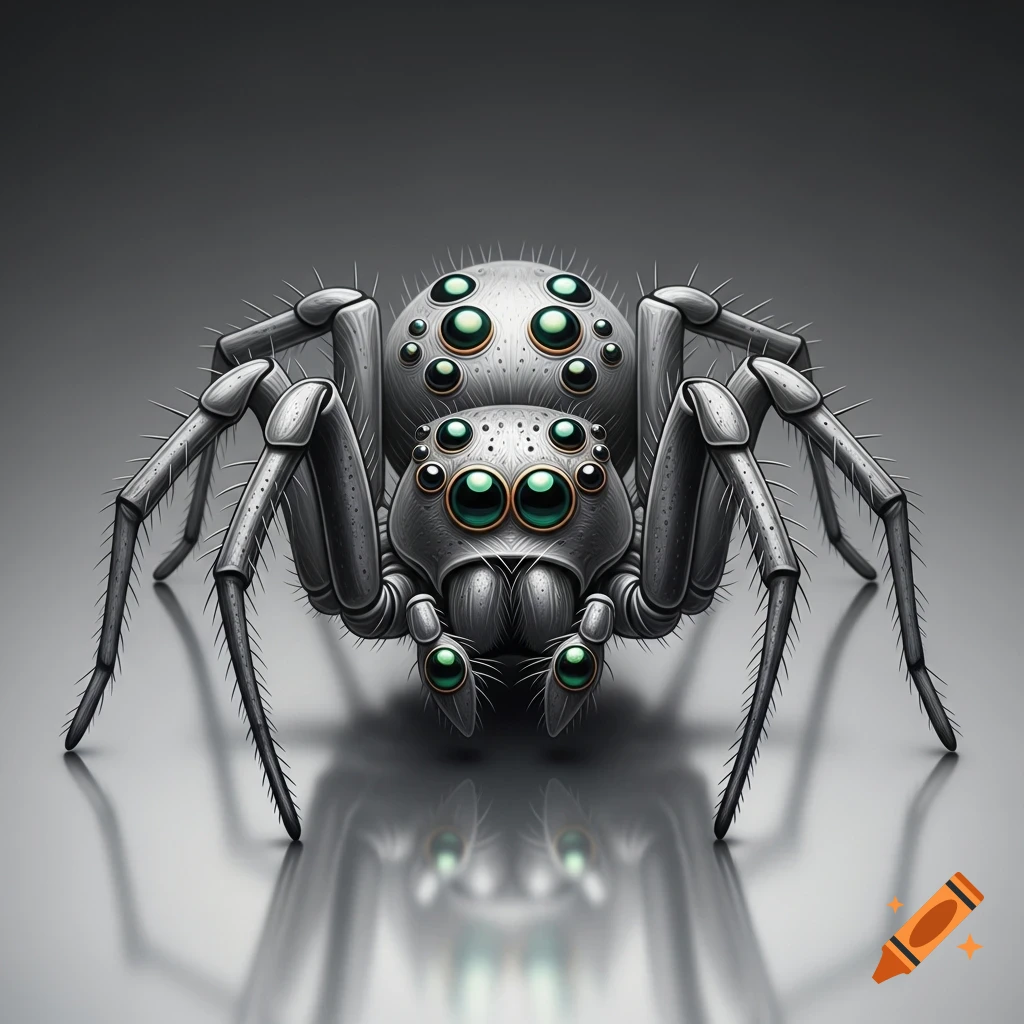 A stylized metallic spider with numerous bright green eyes is centered on a reflective, dark gray surface.