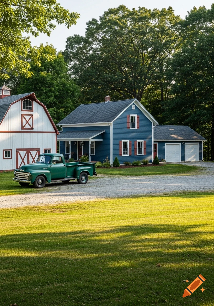A green vintage pickup truck parked on a gravel driveway in front of a blue farmhouse and white barn, surrounded by green grass and trees.