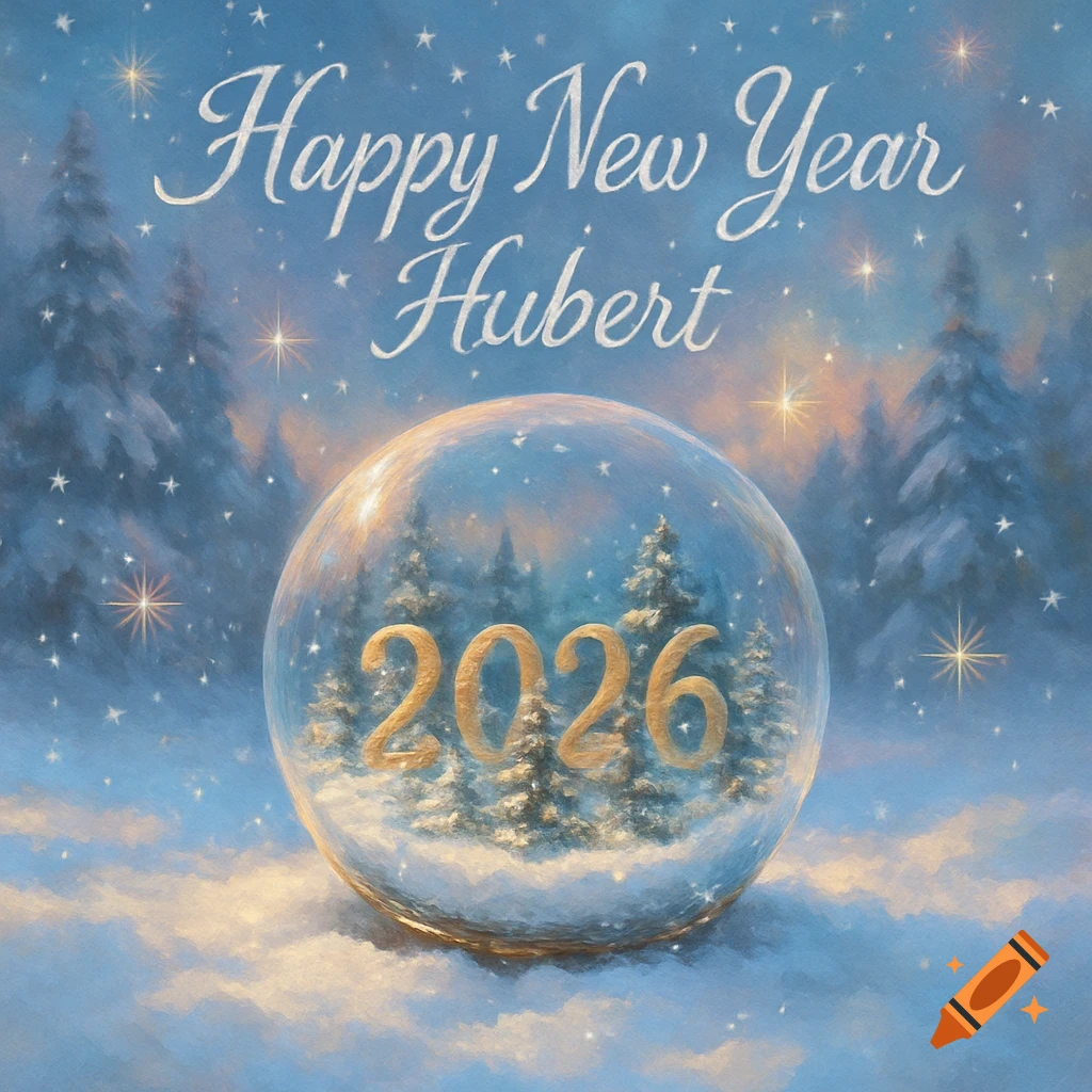 A painterly winter scene with a snow globe containing '2026' and snowy trees. 'Happy New Year Hubert' is written above.