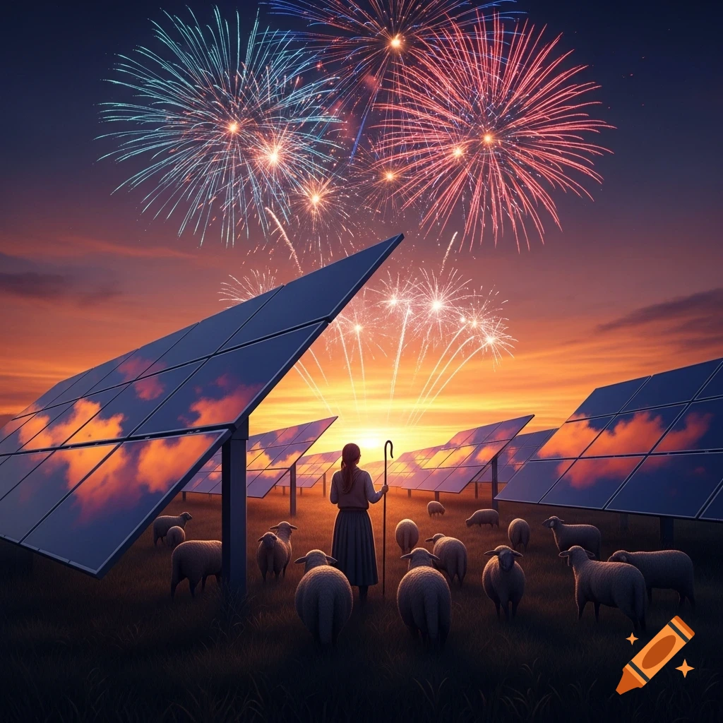 A shepherdess and her flock of sheep in a solar park, watching fireworks at sunset.