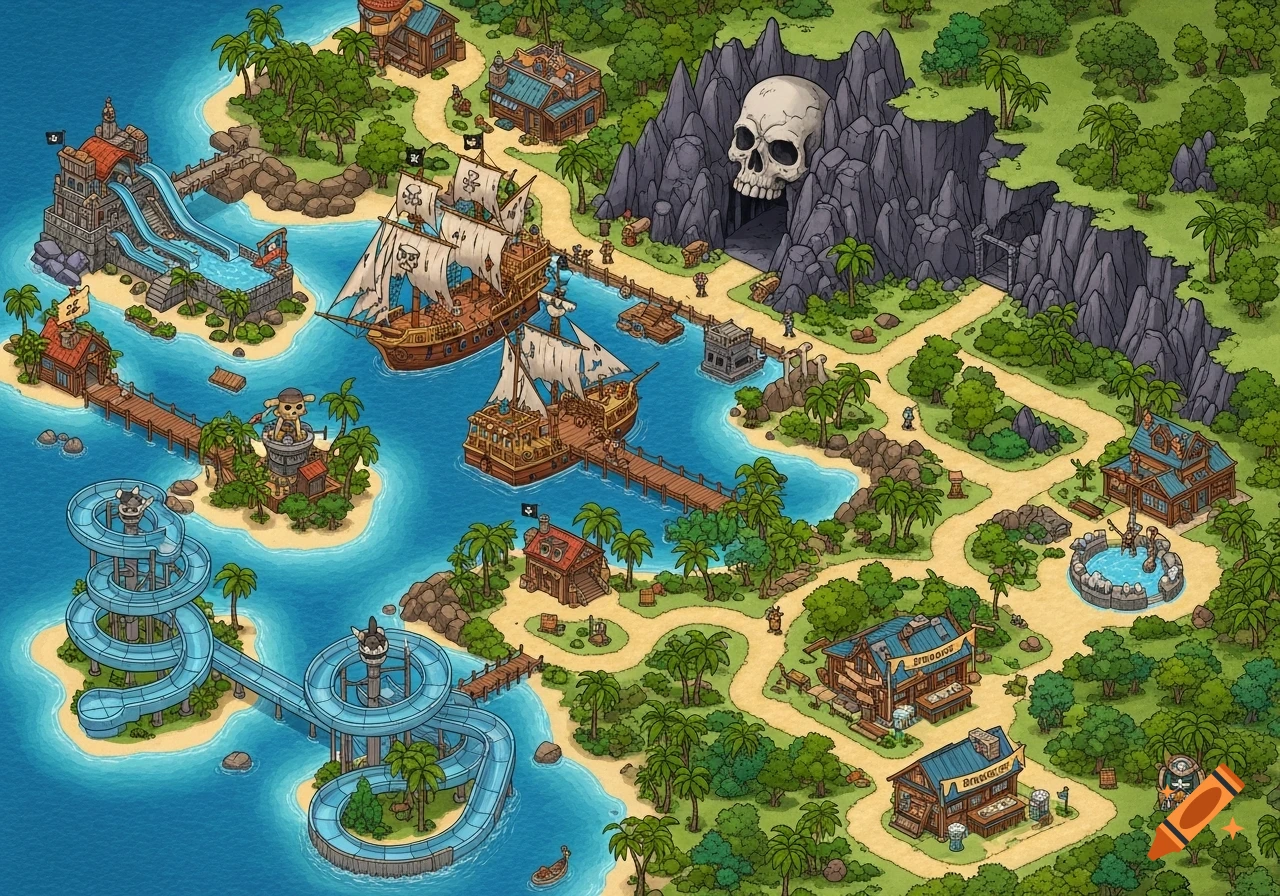 Isometric cartoon map of a pirate theme park with ships, water slides, and a skull cave.
