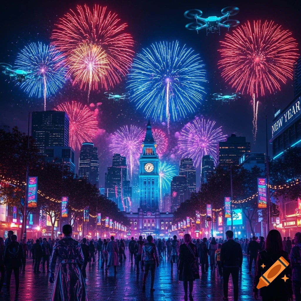 Night city illuminated by red, blue, and purple fireworks above a clock tower and skyscrapers. Drones fly in the sky, and crowds gather on a neon-lit street.