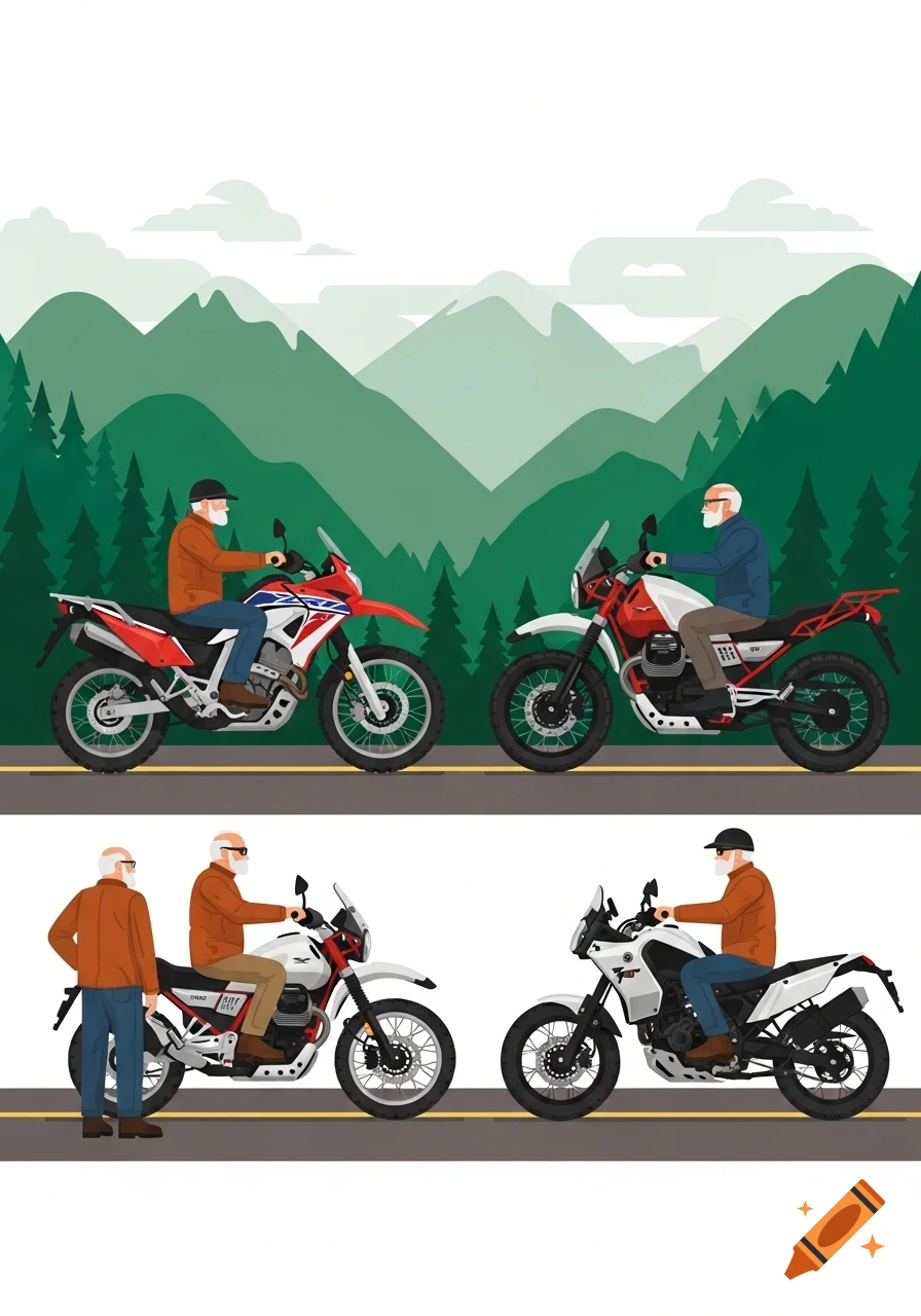 Four older men with motorcycles on a road in green mountains, illustration style. Three men ride while one stands beside a bike.