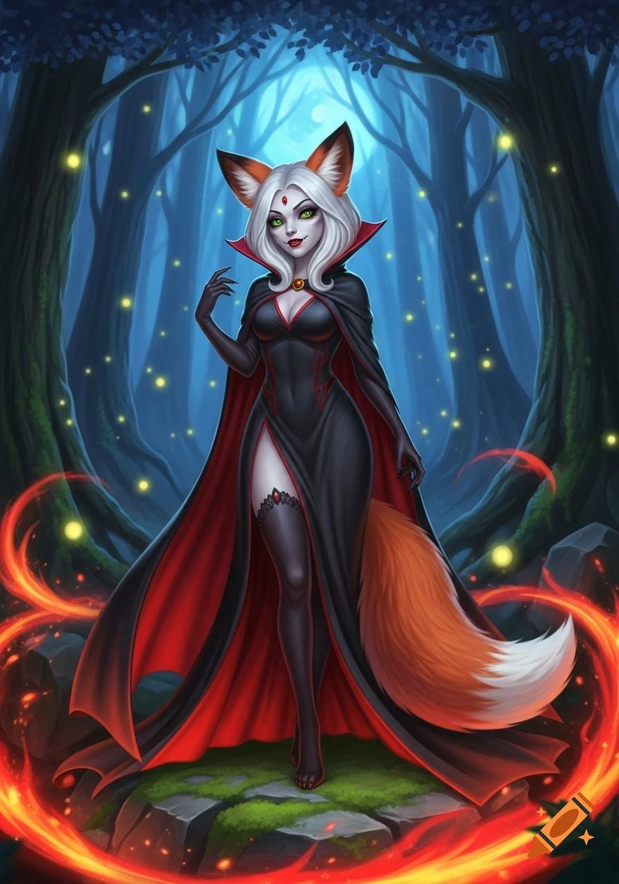 A white-haired fox-eared vampire in a black and red gown with a bushy fox tail stands in a glowing enchanted forest.