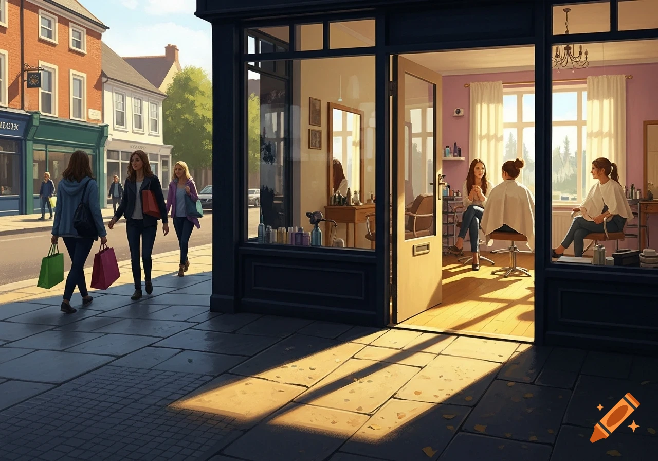 A street scene with women walking on a sidewalk and two women chatting inside a hair salon, bathed in sunlight.