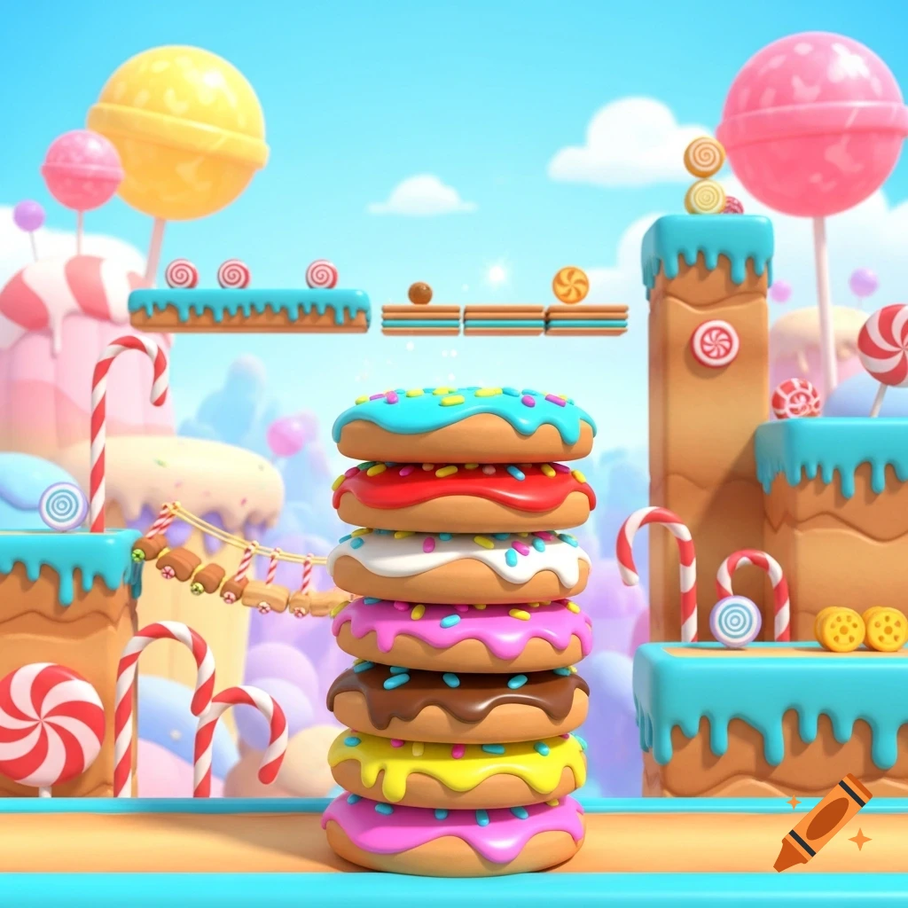 A vibrant 3D rendered candy land platformer game level with a tall stack of colorful donuts in the foreground.