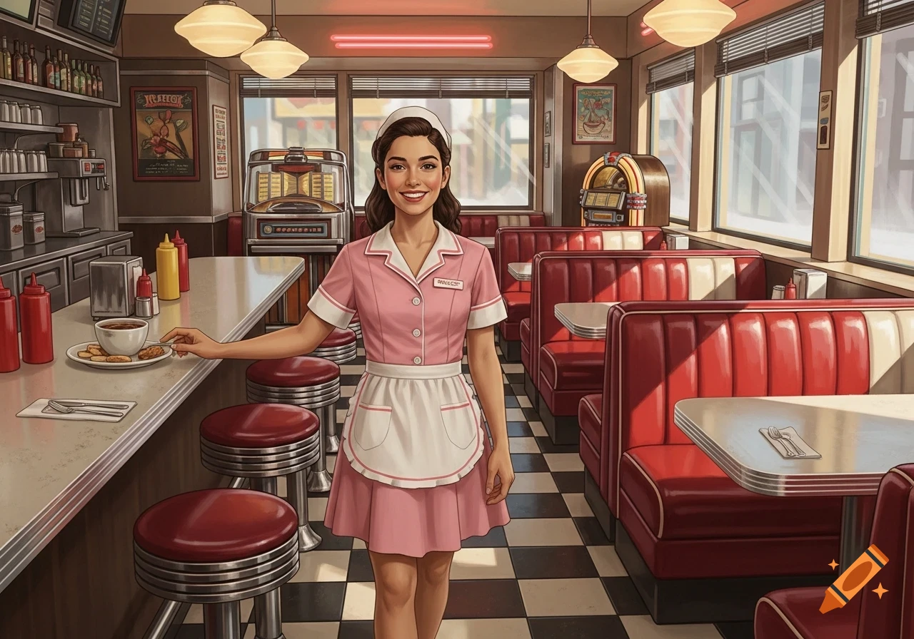 A smiling woman in a pink diner uniform stands in a retro diner, holding a plate of food.