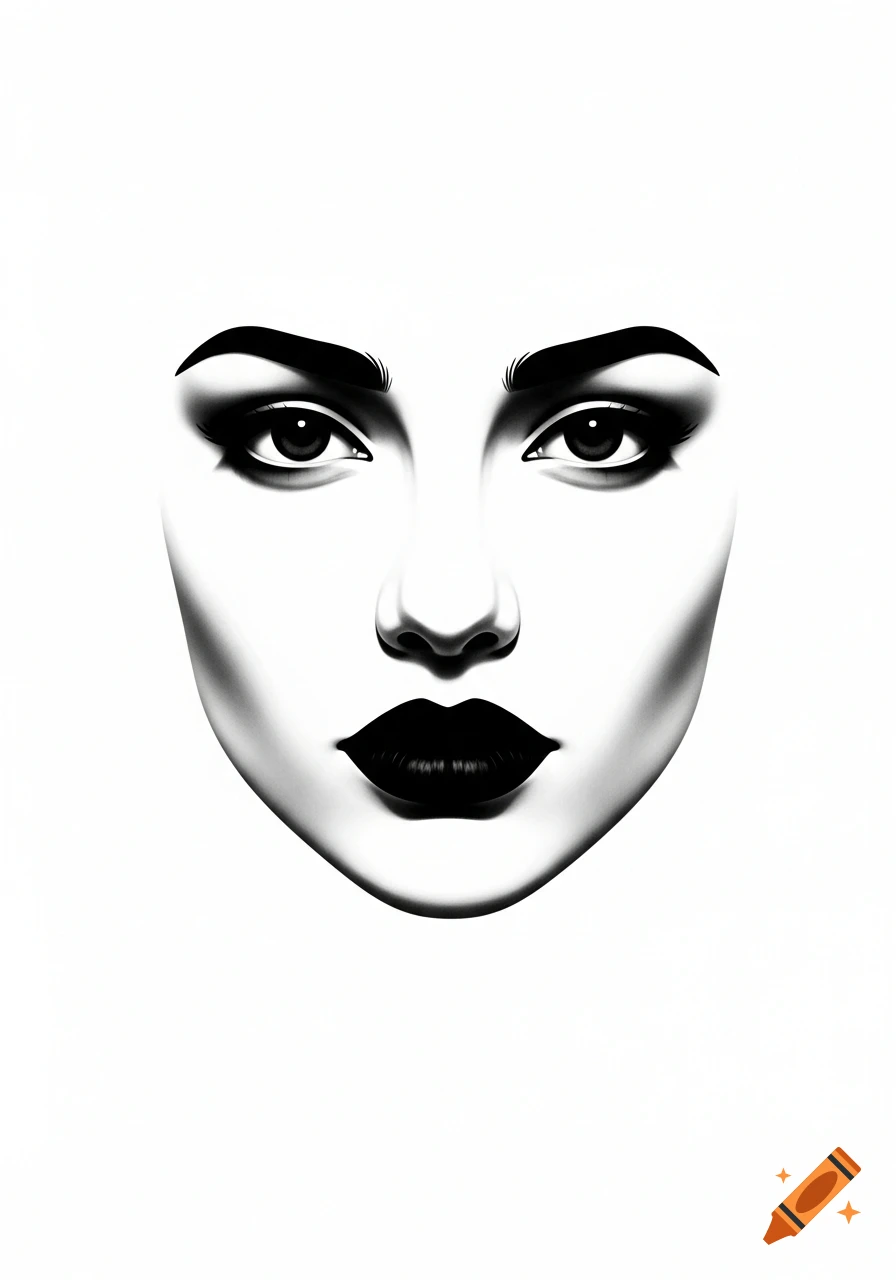 Stylized black and white portrait of a woman's face with dark eyes, bold eyebrows, and black lips on a white background.