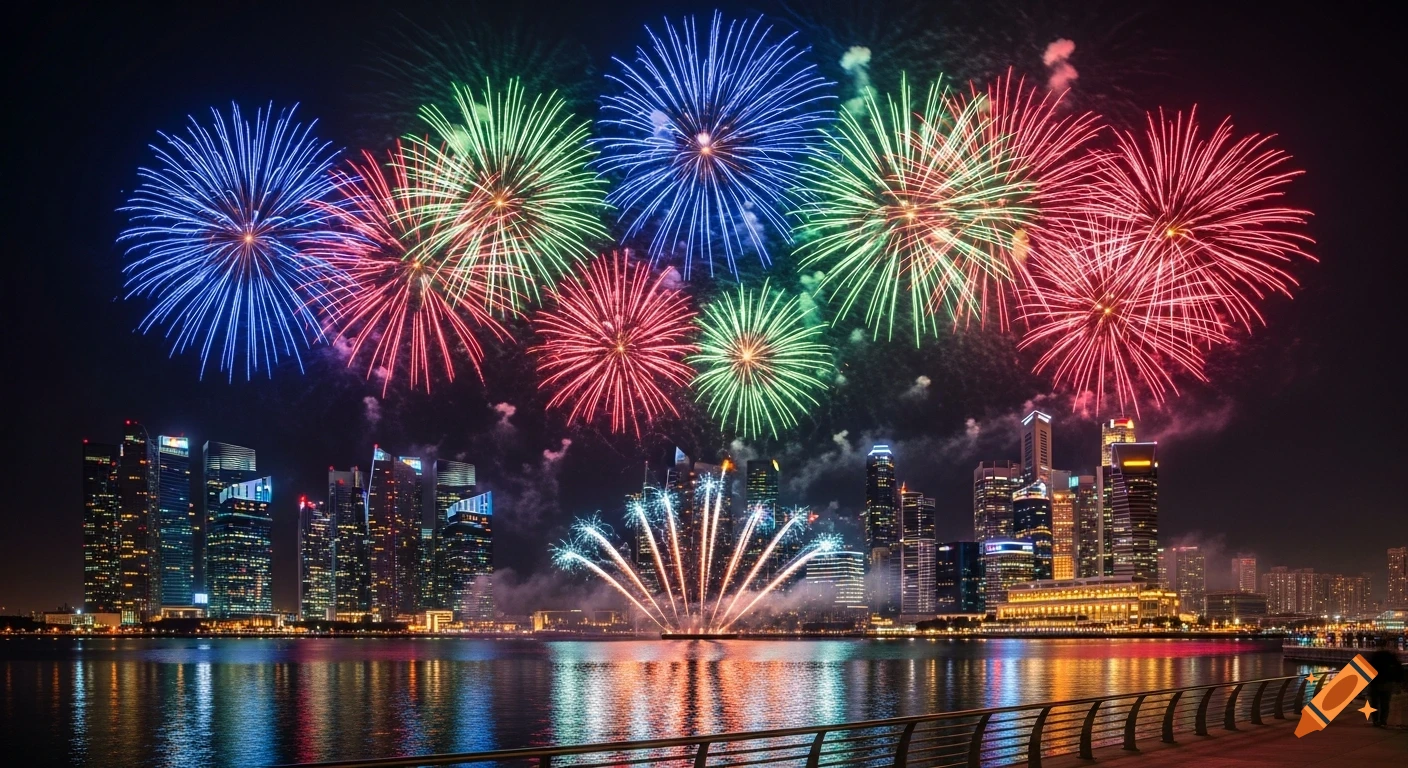 Colorful fireworks explode over a modern city skyline reflected in water at night.
