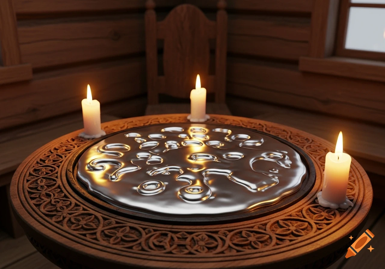 An ornate wooden table with three lit candles around a reflective pool of melted tin, in a dimly lit wooden room.