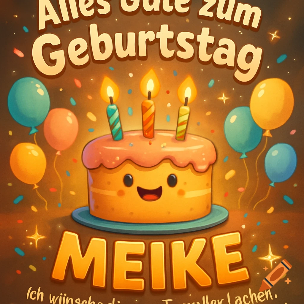 A cheerful cartoon birthday card featuring a smiling cake with three lit candles, surrounded by colorful balloons and falling confetti. German text reads "Alles Gute zum Geburtstag MEIKE" and a partial wish at the bottom.