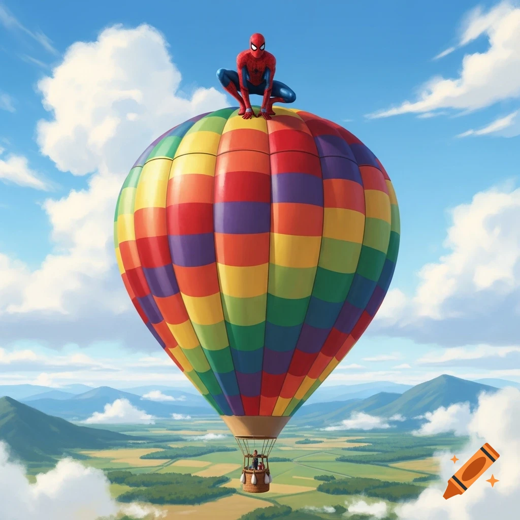 Spider-Man crouches atop a vibrant rainbow hot air balloon, soaring over a lush green landscape under a bright blue, cloudy sky.