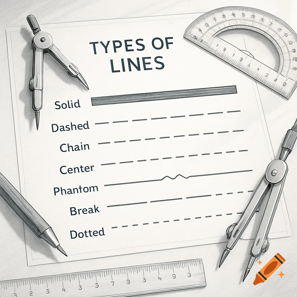 A monochrome pencil drawing showing a 'Types of Lines' diagram with drafting tools including compasses, a protractor, ruler, and pencil.