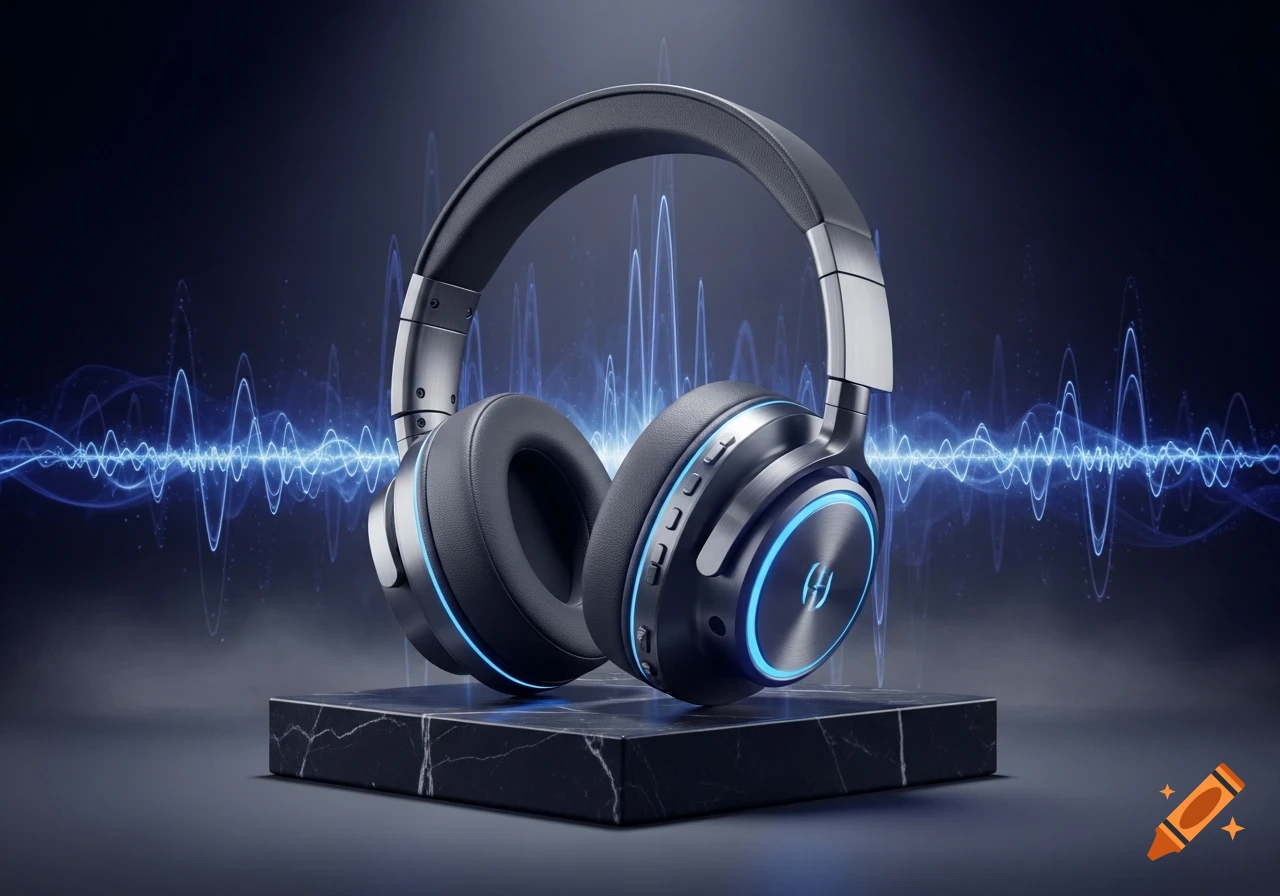 Sleek, modern over-ear headphones with blue glowing accents, resting on a marble block with blue sound waves in the background.
