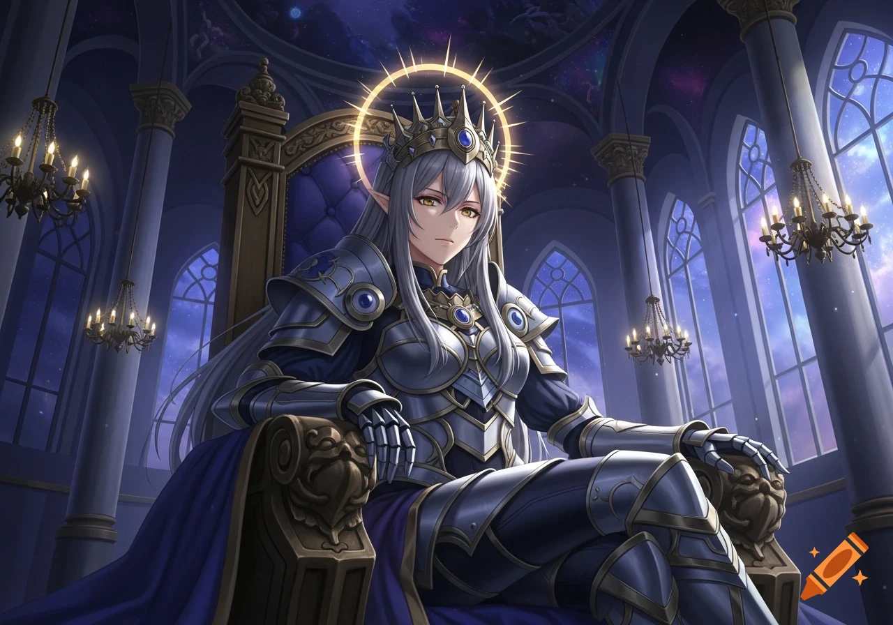 Anime queen in silver armor with long white hair sits on a regal throne in a grand palace with celestial windows.