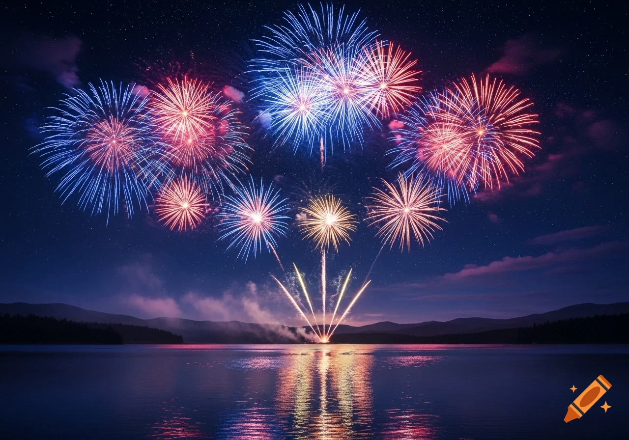 Vibrant red, blue, and gold fireworks explode over a calm lake reflecting the colorful light, with mountains under a starry night sky.