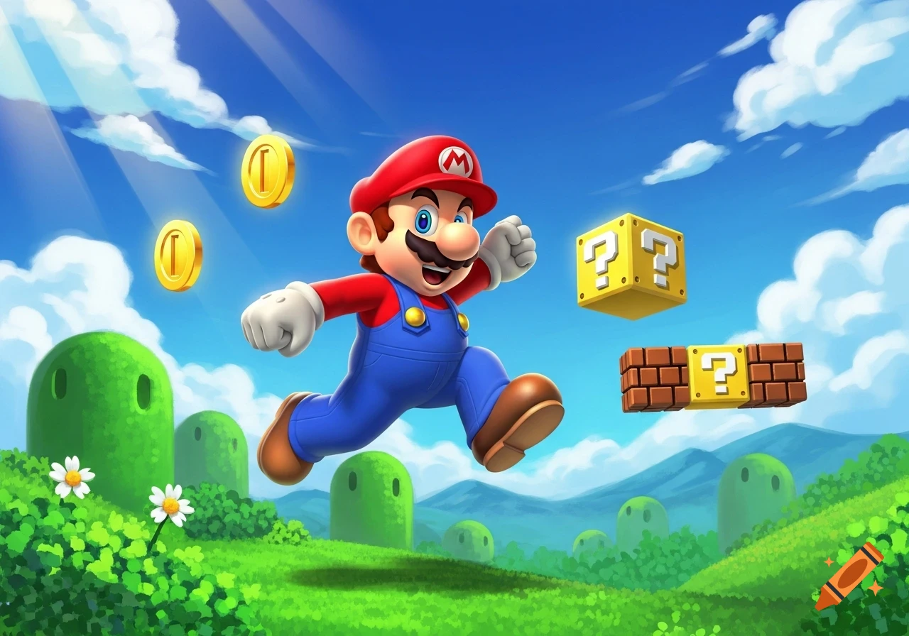 A bright, cartoonish image of Mario jumping across a vibrant green landscape with floating gold coins and question mark blocks under a blue sky with clouds.