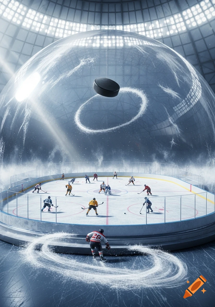 A hockey game played inside a glass dome in a brightly lit stadium, with a puck suspended mid-air above the ice.