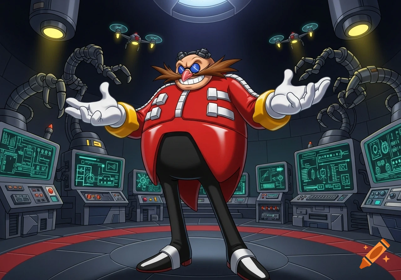 Dr. Eggman in his lab, arms outstretched with a sinister smile, surrounded by computer screens, robotic arms, and flying drones.