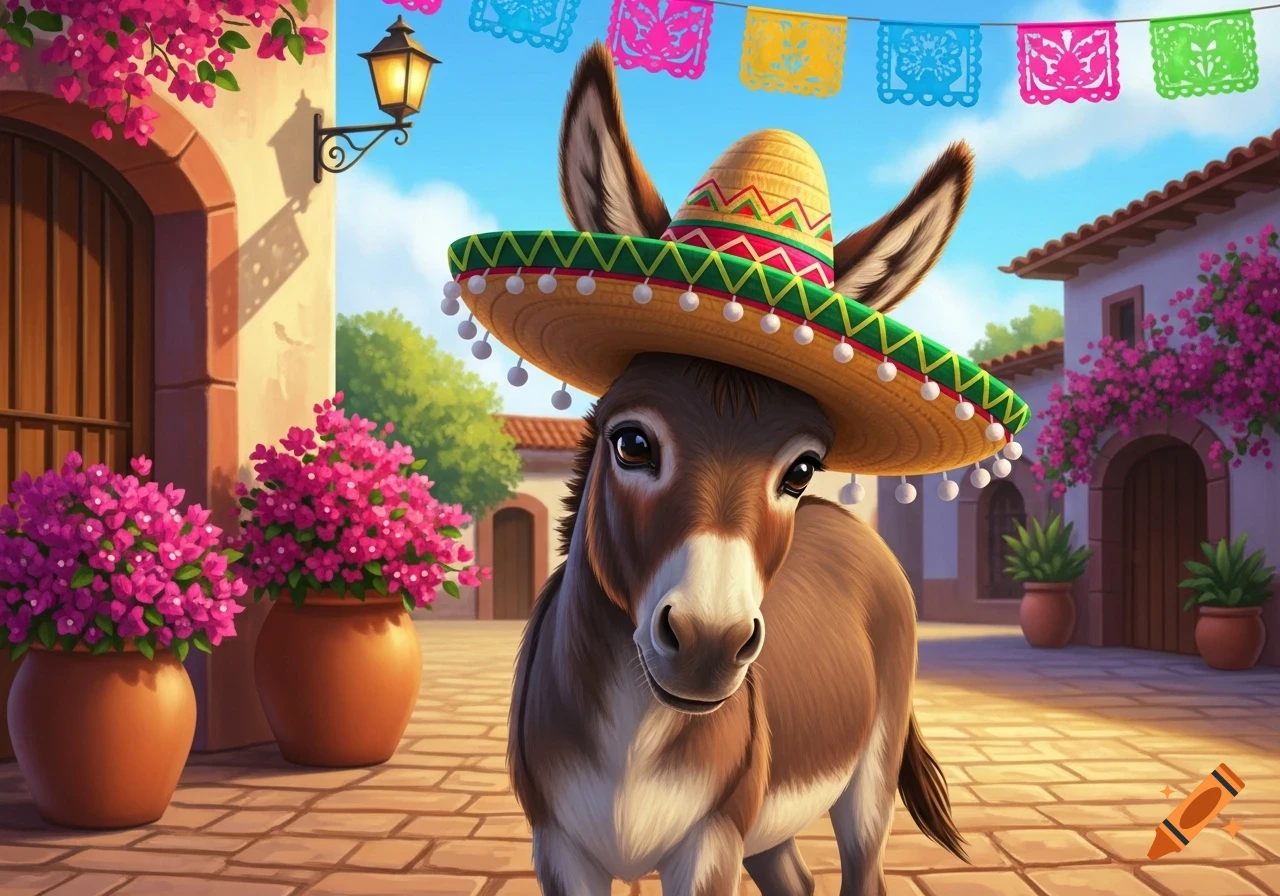 A cute donkey wearing a sombrero stands on a festive Mexican village street with colorful papel picado and pink bougainvillea.