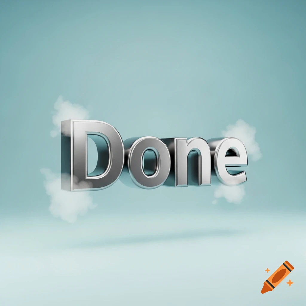 3D silver metallic letters spelling 'Done' with wisps of smoke on a light blue background.