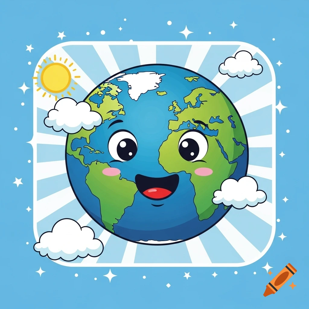 A friendly smiling cartoon Earth with continents, clouds, and a sun in a light blue sky with stars.