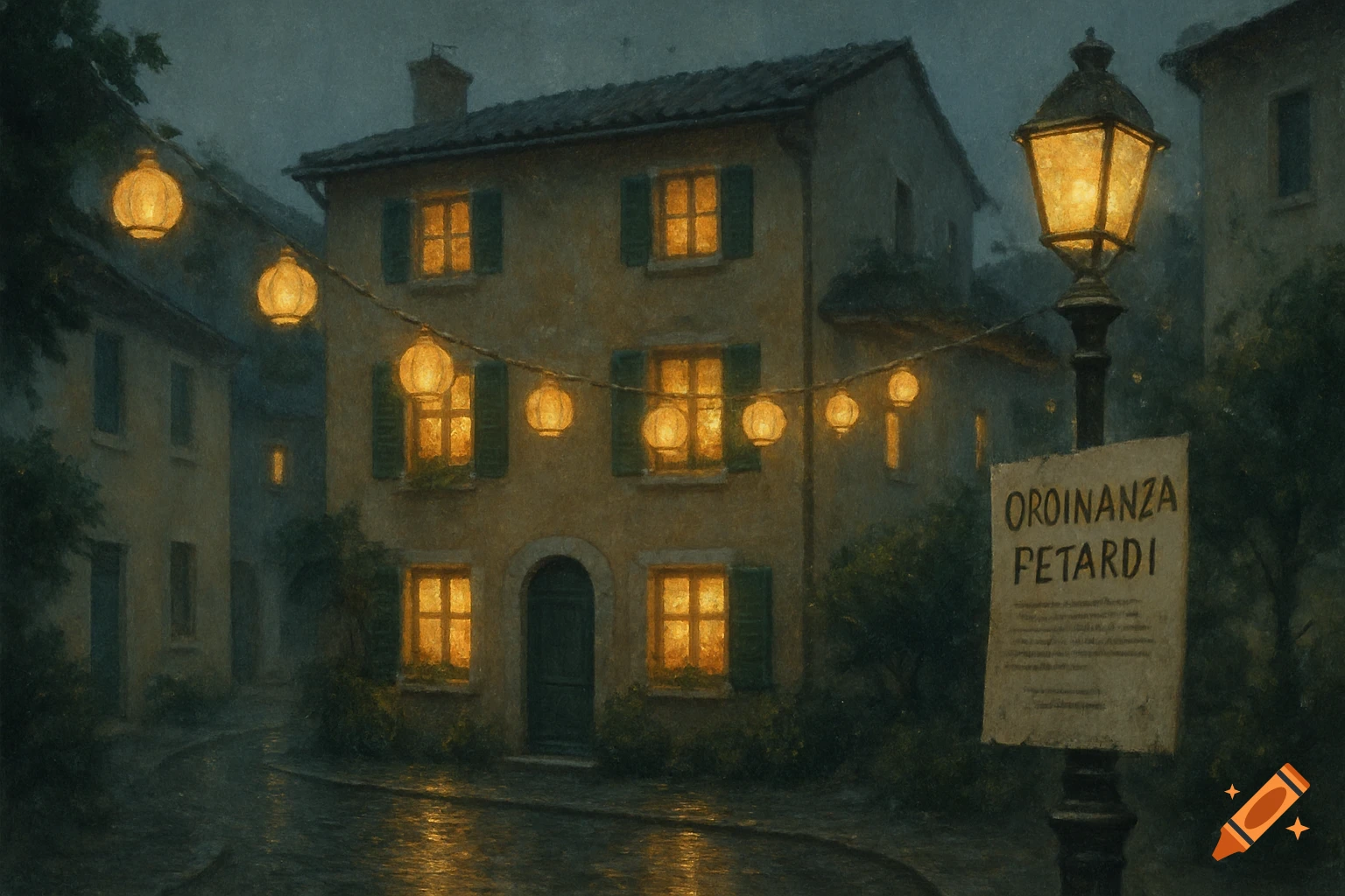 Painterly night scene of a European street with glowing lanterns strung between buildings and a brightly lit streetlamp illuminating a wet road.