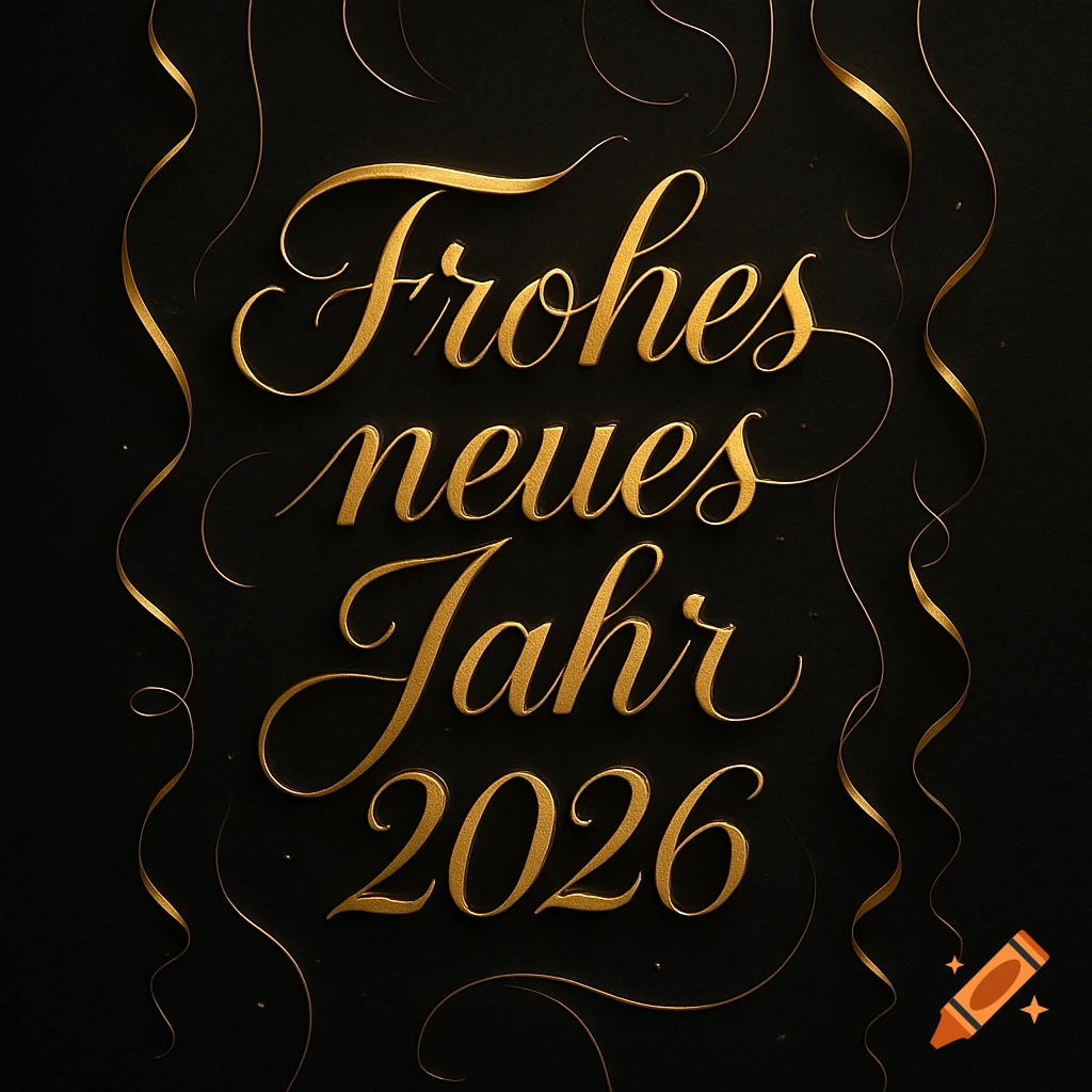 Golden script 'Frohes neues Jahr 2026' on a black background with elegant golden ribbons, celebrating New Year.