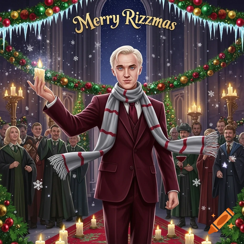 Draco Malfoy, dressed in a maroon suit and striped scarf, holds a glowing candle in a festive Hogwarts Great Hall decorated for "Merry Rizzmas" with garlands and icicles, as other students and adults gather in the background.