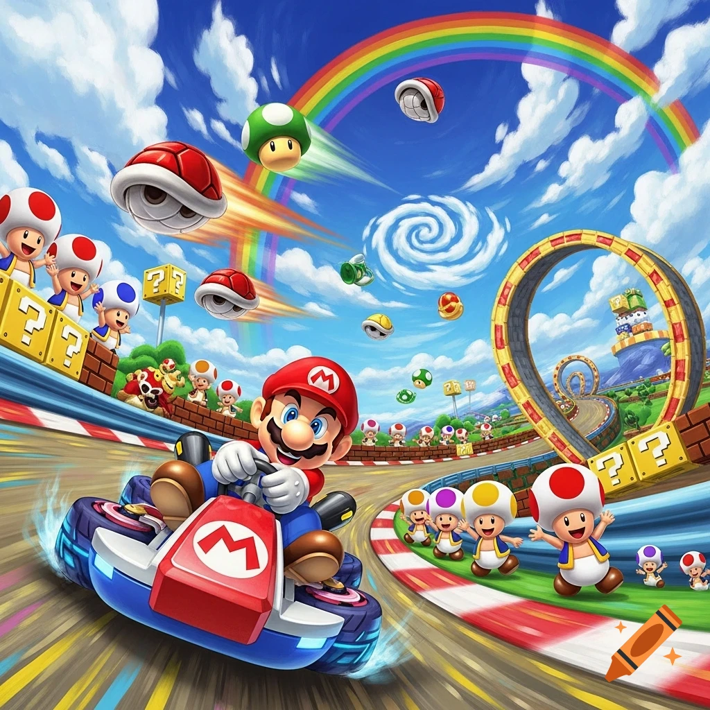 Mario in a blue kart races on a vibrant track under a rainbow, with flying power-ups and Toads cheering in a cartoon style.