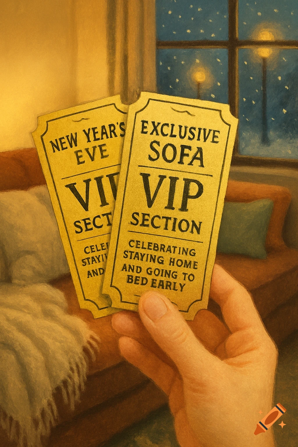 An illustration of a hand holding two gold tickets for a New Year's Eve VIP Sofa section, celebrating staying home and going to bed early, against a cozy indoor background with a snowy window view.