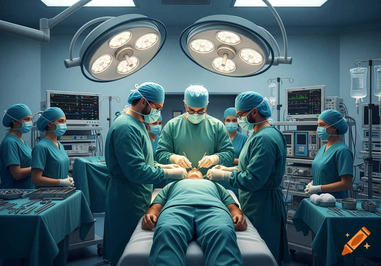 Photorealistic image of medical personnel performing surgery on a patient in a brightly lit operating room.