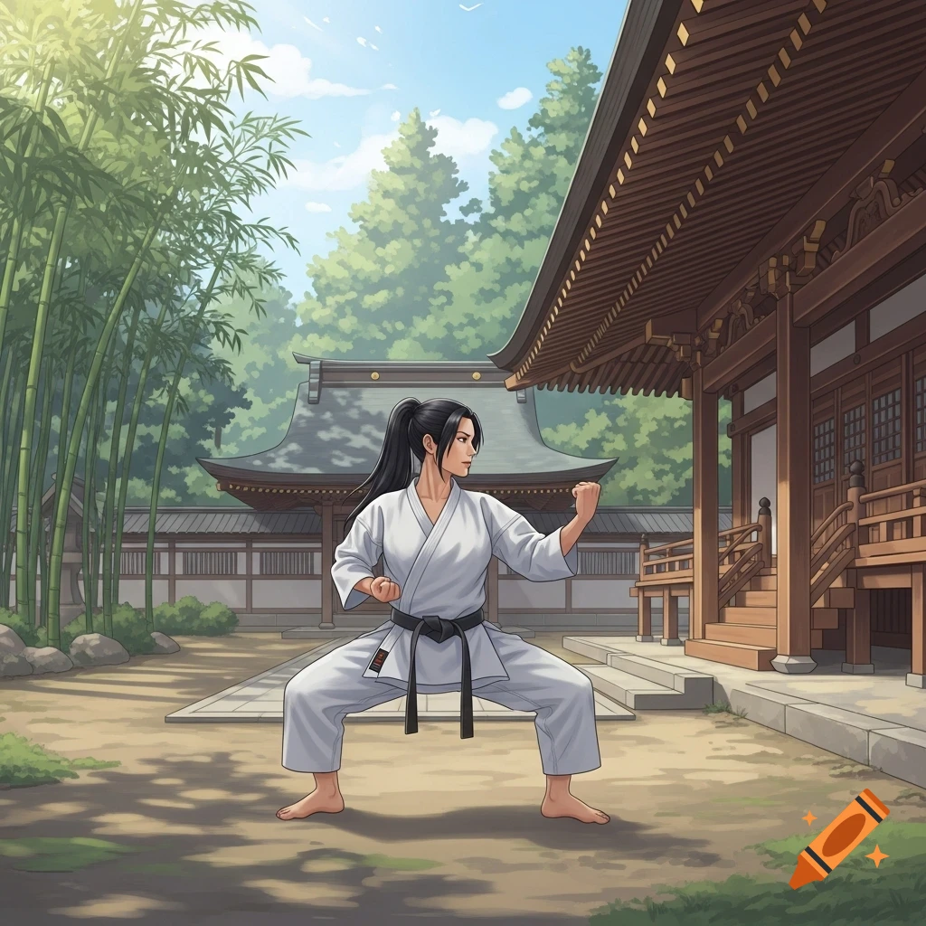 Anime-style illustration of a woman in a white karate gi and black belt in a martial arts stance, set at a Japanese temple.